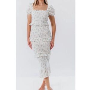Mable White Blue Liberty Floral Ruffle Tiered Smocked Puff Sleeve Dress Small